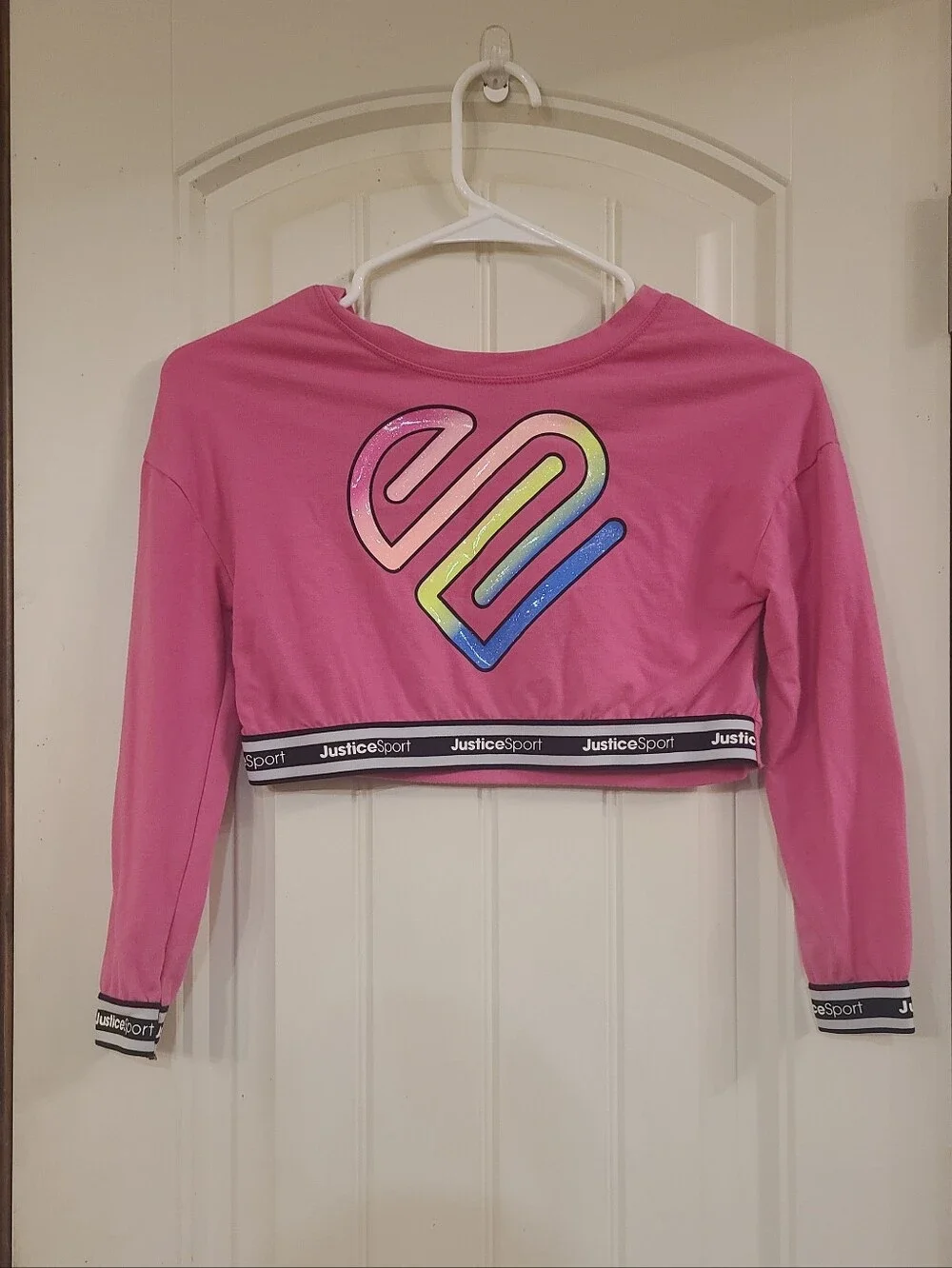 Justice Pink Cropped Long Sleeve Top with Rainbow Heart Size XS